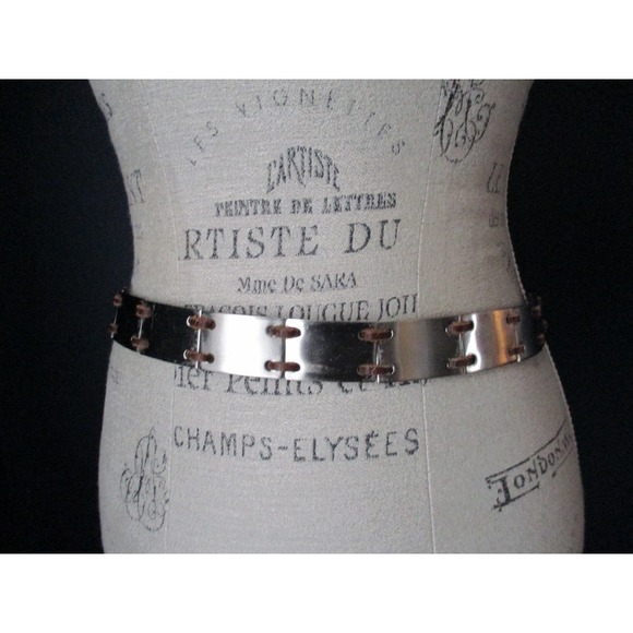 Vintage Brown Genuine Leather Silver Metal Link Belt Size Medium - Picture 2 of 5